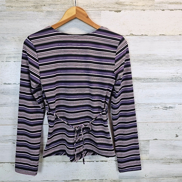 Y2K My Michelle Striped Wrap Top Long Sleeve V-Neck Retro Stretch Blouse Large - Picture 11 of 14